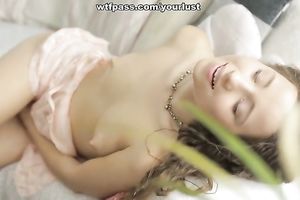 Teenage sweetie with petite boobies masturbates with sex toy in the morning