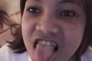 Slutty and hawt mulatto oriental hottie acquire jizzed on her stomach