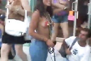 Crazy party angels show off their goodies in the street