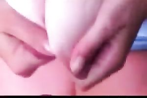 Amateur French brunette hair plays with her boobies and tries to engulf rod