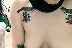 Perverted frightening web camera dark brown punk hottie played with pierced nipps