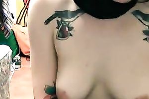 Perverted frightening web camera dark brown punk hottie played with pierced nipps