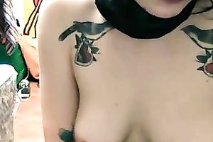 Perverted frightening web camera dark brown punk hottie played with pierced nipps