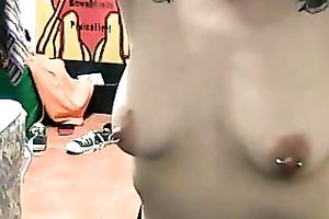 Perverted frightening web camera dark brown punk hottie played with pierced nipps