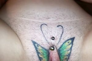 Stretching perverted GF's rectal hole with damn large sex toy