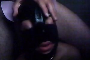 Wearing latex mask unrepining skinny chick sucked my buddy dry