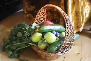 Big tit rural golden-haired hoochie sucks the large cucumber