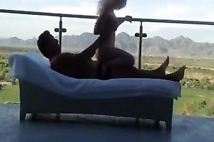 Blonde spinner enjoys jumping on my weiner on the balcony