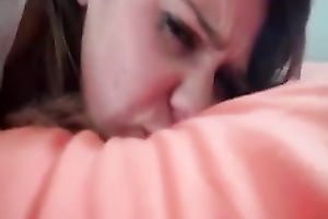 My GF fingers her smooth snatch after getting a facial spunk flow