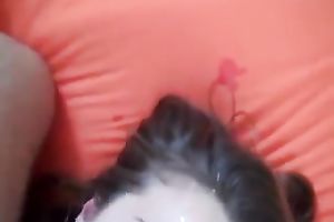 My GF fingers her smooth snatch after getting a facial spunk flow