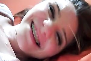 My GF fingers her smooth snatch after getting a facial spunk flow