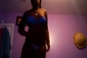 Amateur black skinned black cock slut flashed her large boobies and arse in belts