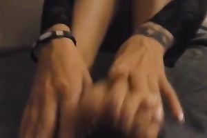 Leggy tanned mother I'd like to fuck in dark costume surprised my buddy with a valuable footjob