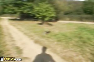 Sexy golden-haired legal age teenager walks around the village with her chap
