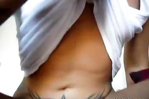 Lewd hoe with tattoo on her tummy gives head and then copulates her stud on top