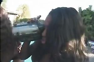 Sexy dark bitches by the pool caressing and playing with every other