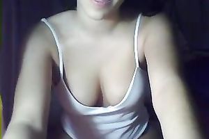 Dope brunette hair sexpot in white reservoir top was flashing her large bumpers