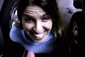 Naughty white cum loving milf acquires facial on the parking lot