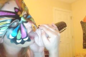 Wearing butterfly mask blonde haired cam whore was playing with a toy