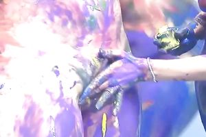 Exciting lesbo body painting scene with lustful white sluts