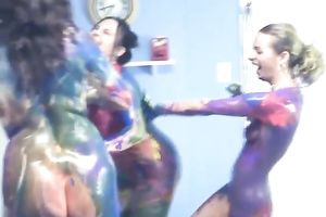 Exciting lesbo body painting scene with lustful white sluts