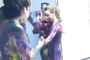 Exciting lesbo body painting scene with lustful white sluts