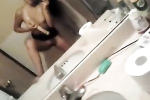 Cute Asian taped herself playing with sextoy in the washroom