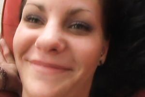 Attractive brunette Amber blows and receives her smooth vag group-fucked