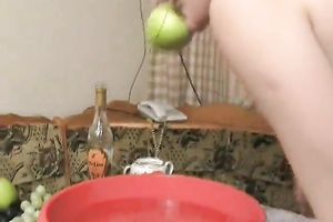 Bosomy blonde haired dyed floozy flashes her boobies at home