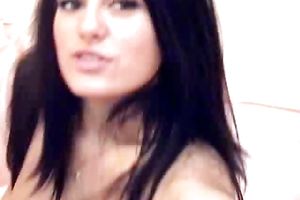 Exquisite brunette hair beauty with large milk sacks toys and fingers herself