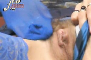 Kinky pale dark brown puts on her hawt blue nylons to pose on daybed