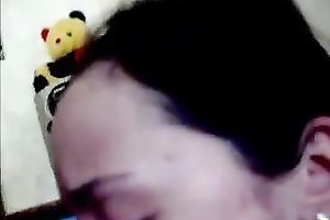 Pale and perverted brunette hair wench sucked my buddy and gave him titjob