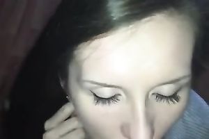 Brunette sweetheart in T-shirt took my sloppy jock in her face hole for wonderful BJ