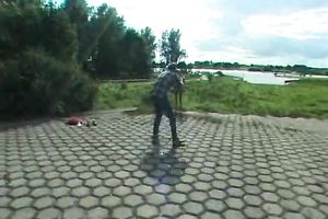 My skinny brunette hair cheating wife disrobes outside and pisses in the park