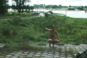 My skinny brunette hair cheating wife disrobes outside and pisses in the park