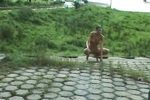 My skinny brunette hair cheating wife disrobes outside and pisses in the park