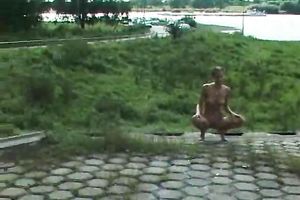 My skinny brunette hair cheating wife disrobes outside and pisses in the park
