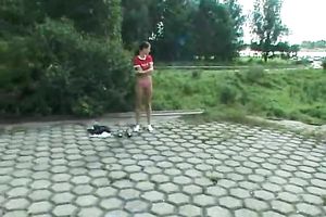 My skinny brunette hair cheating wife disrobes outside and pisses in the park