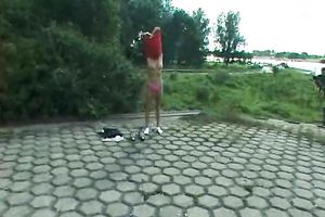 My skinny brunette hair cheating wife disrobes outside and pisses in the park