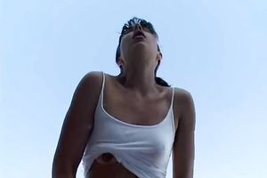 Skanky brunette hair legal age teenager finger copulates her moist cunt outdoors