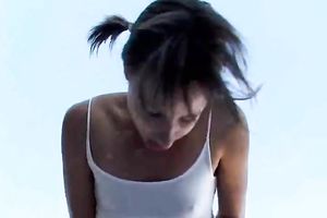 Skanky brunette hair legal age teenager finger copulates her moist cunt outdoors