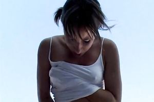 Skanky brunette hair legal age teenager finger copulates her moist cunt outdoors