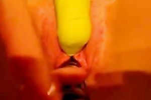 Vibrator and a sex-toy team up to please my bald slit