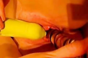 Vibrator and a sex-toy team up to please my bald slit