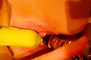 Vibrator and a sex-toy team up to please my bald slit