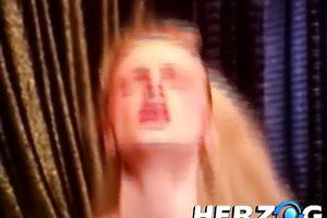 Dirty blond prostitute receives void urine load in the throat