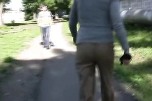 Brunette boy in khaki panties acquires all wet in the park