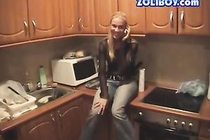 Svelte hot smiling blondie has a phone conversation