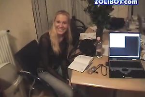 Svelte hot smiling blondie has a phone conversation
