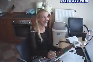 Svelte hot smiling blondie has a phone conversation